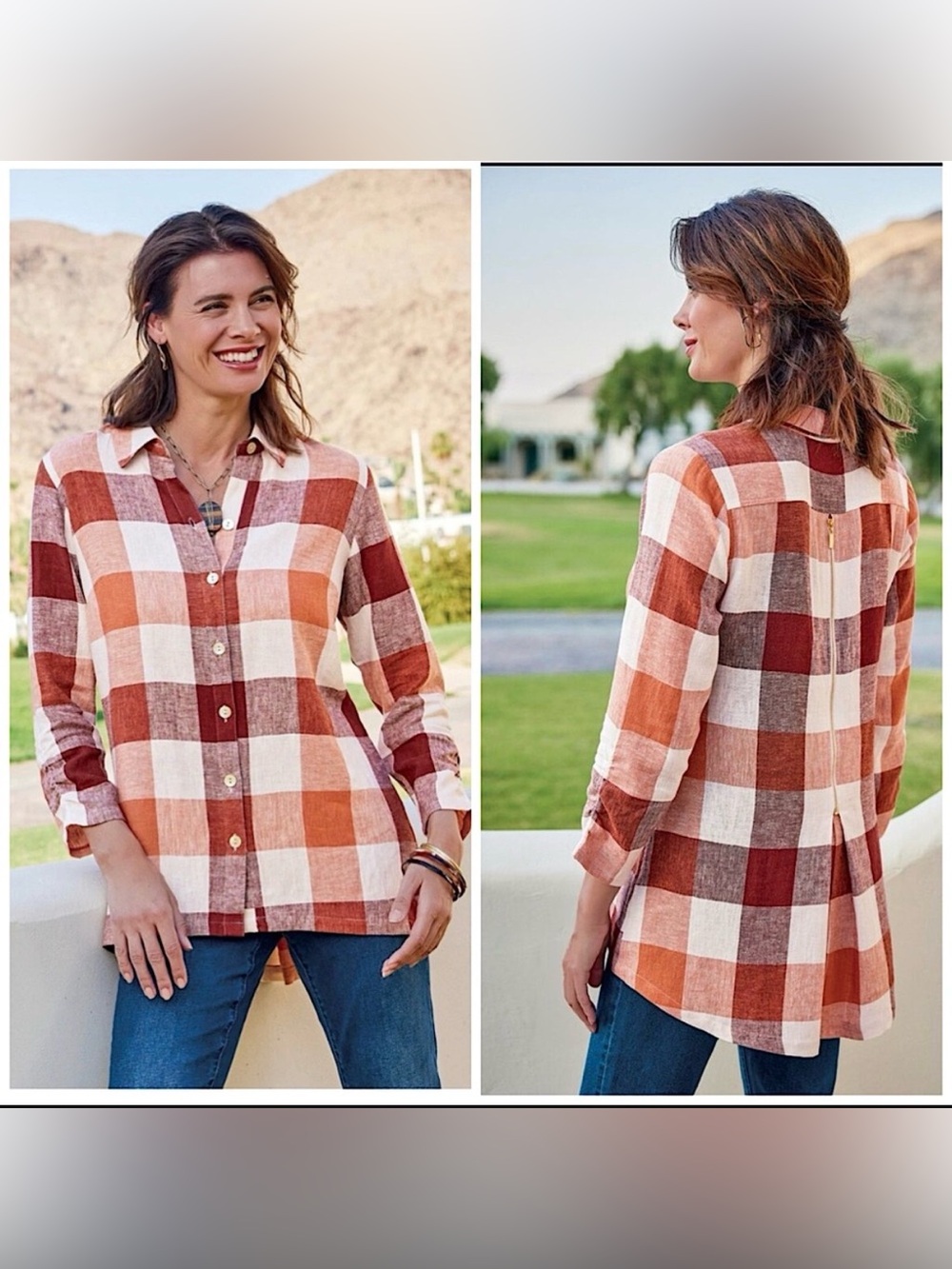 Soft Surroundings Carreaux Linen Tunic Rustic Mango Plaid Button Down High Low S